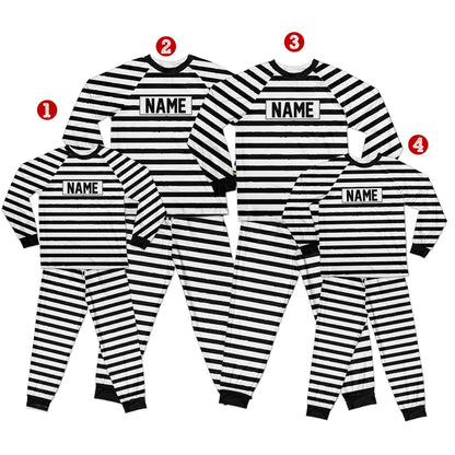 Another front view of the matching family prisoner pajama set in black, white, and red