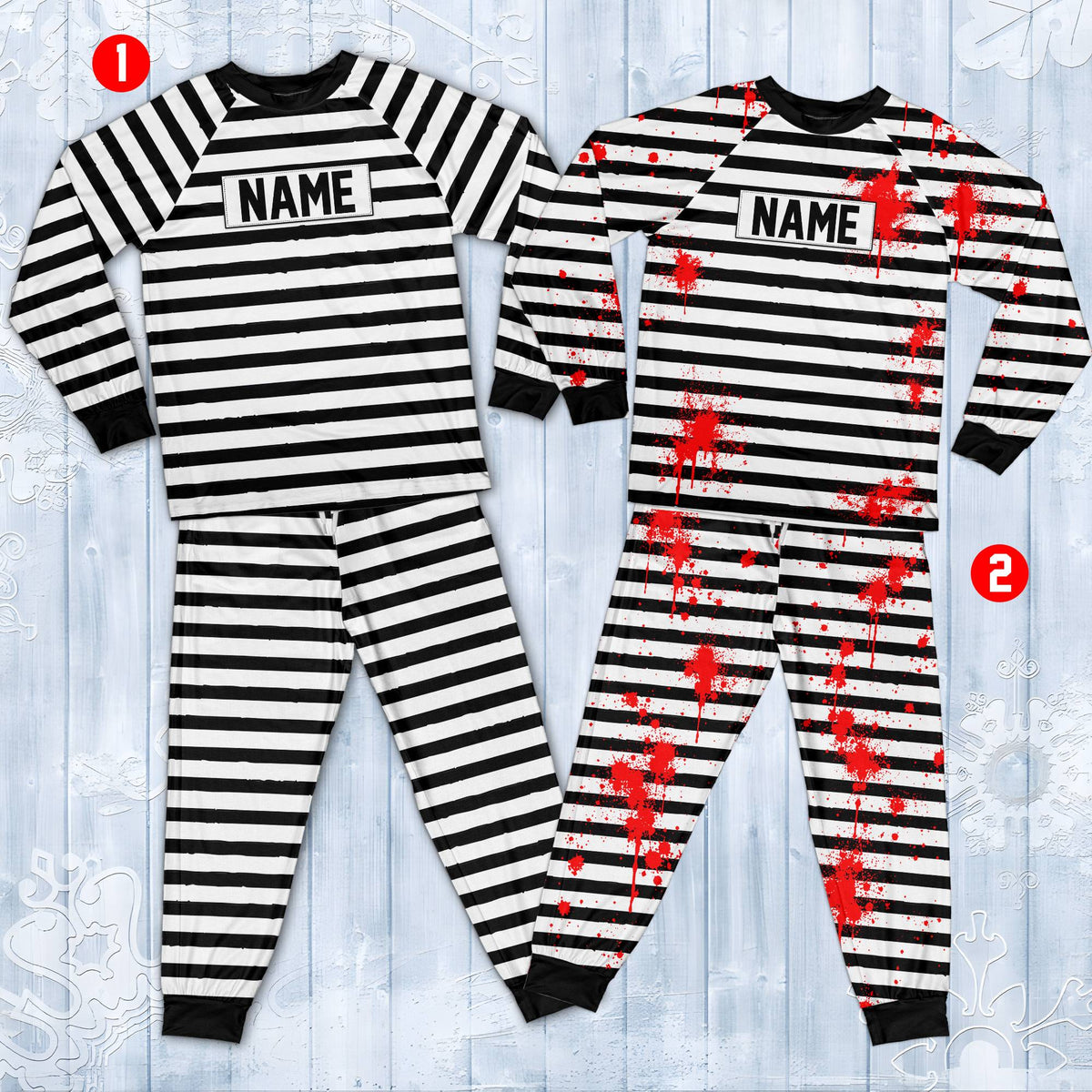 Front view of the matching family prisoner pajama set highlighting the blood splatter design