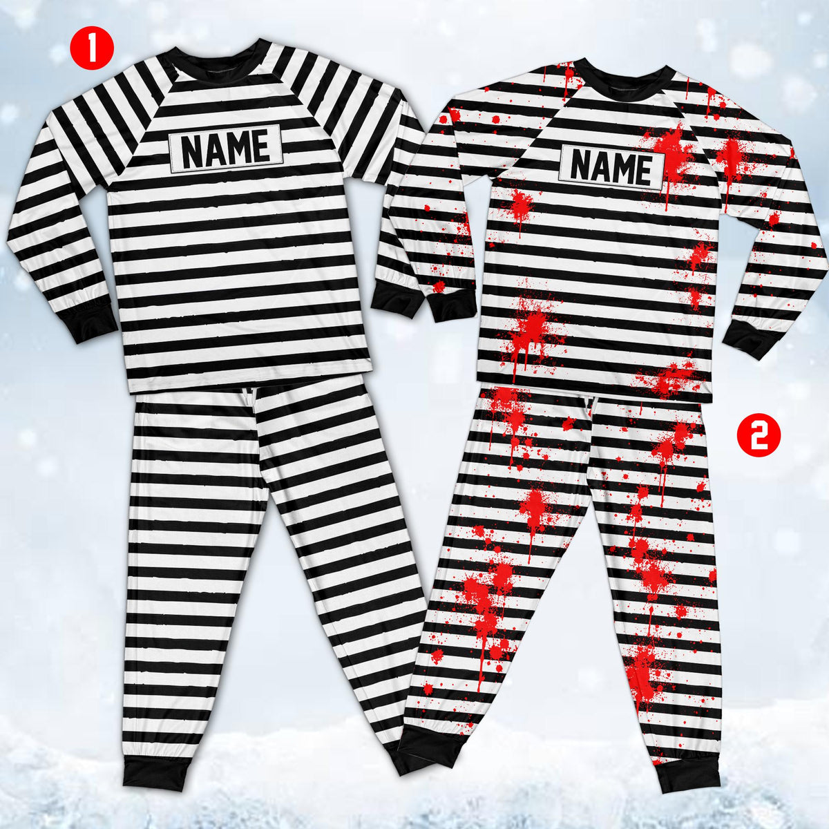 Detailed front view of the matching family prisoner pajama set stripes and custom badge
