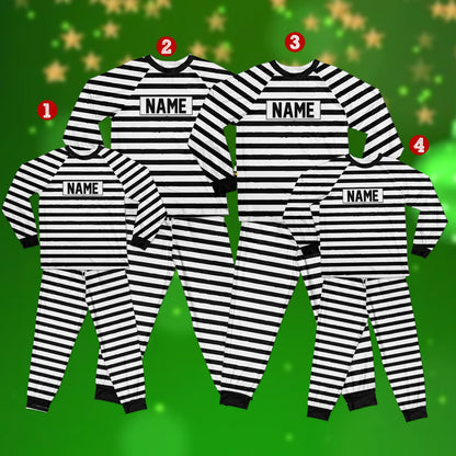 Main view of the matching family prisoner pajama set featuring black and white stripes and blood splatter with custom name badge