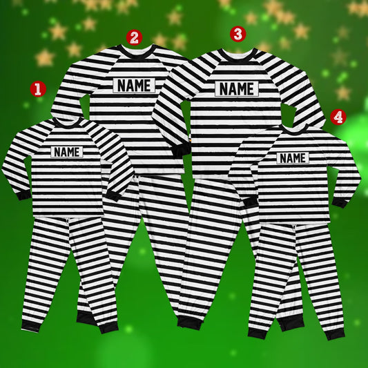 Main view of the matching family prisoner pajama set featuring black and white stripes and blood splatter with custom name badge