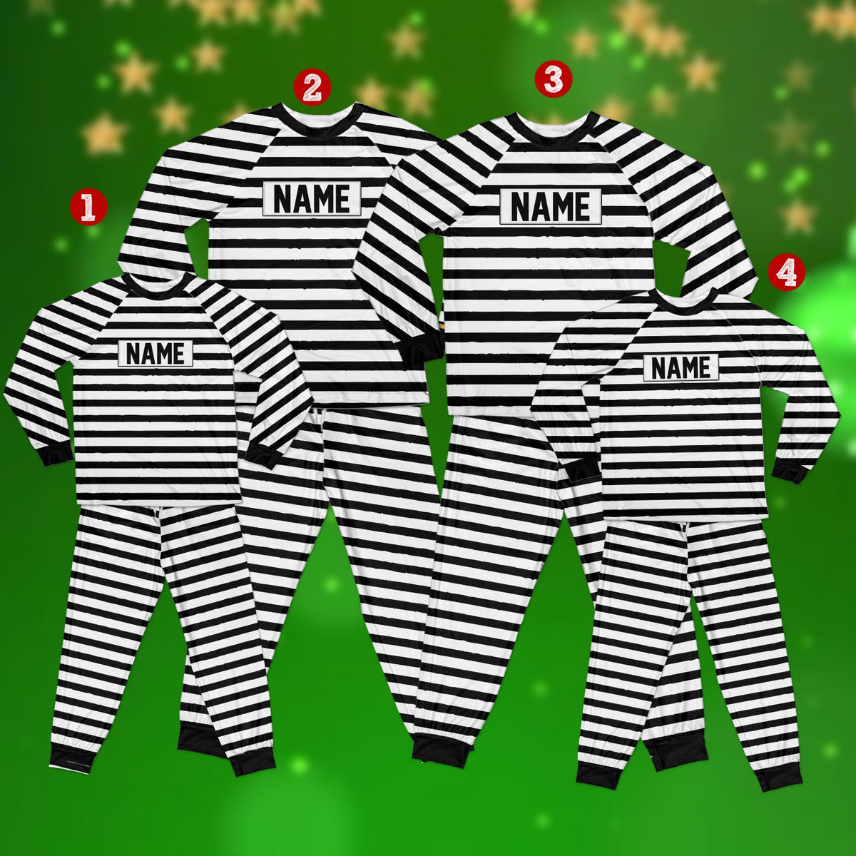 Front view of the matching family prisoner pajama set displaying striped pattern and red splatter