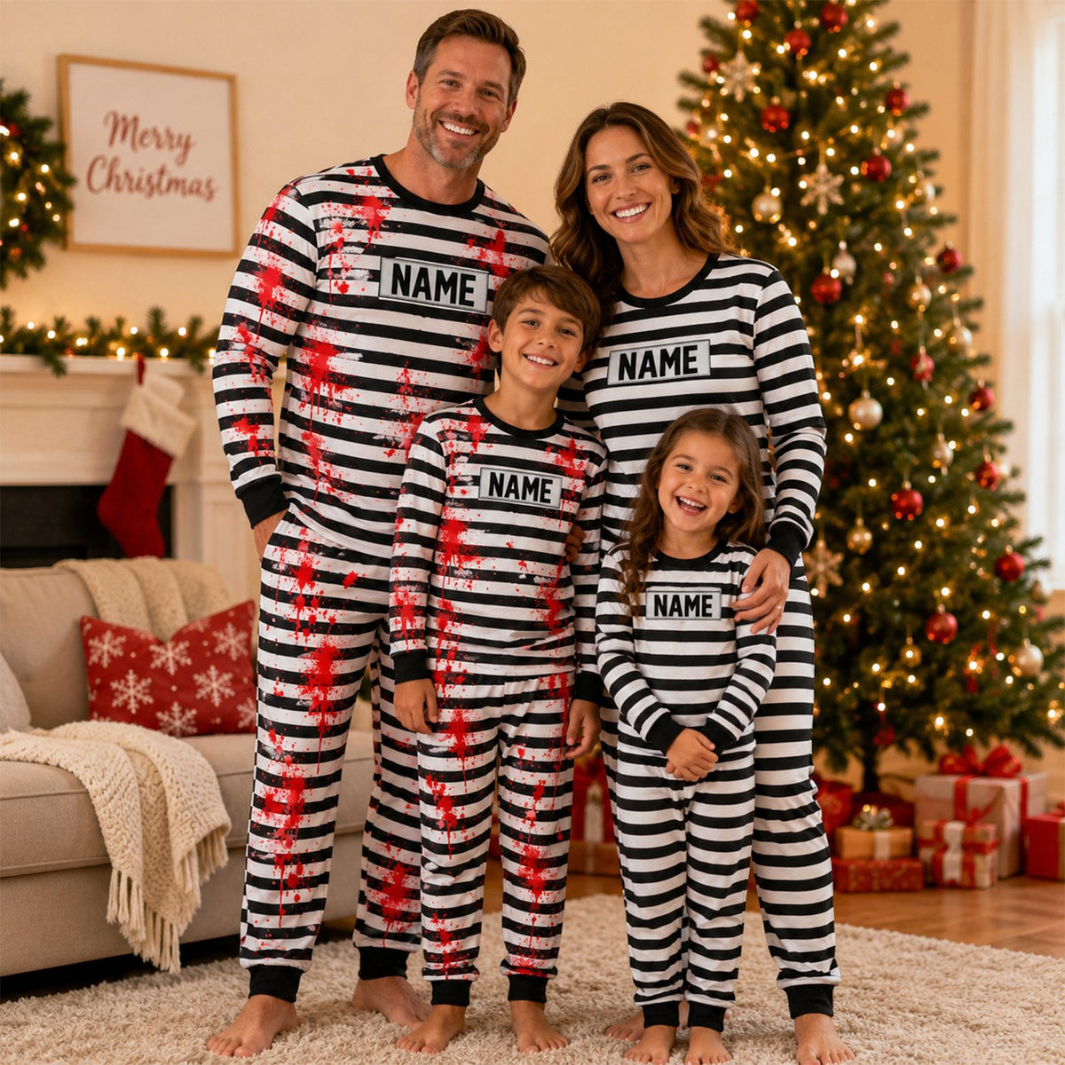 Another lifestyle image featuring the matching family prisoner pajama set with custom name