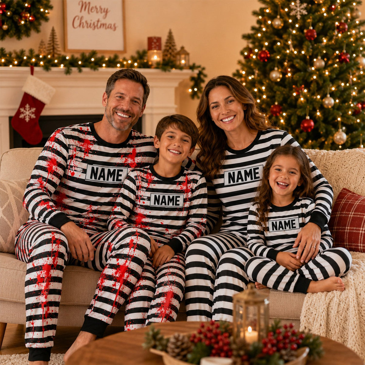 Lifestyle image of someone wearing the matching family prisoner pajama set