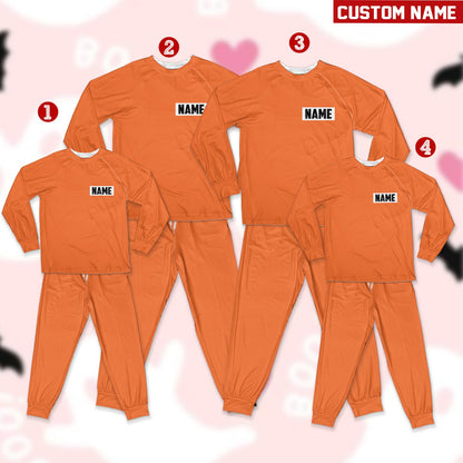 Main view of matching family pajamas with orange prisoner design and custom name