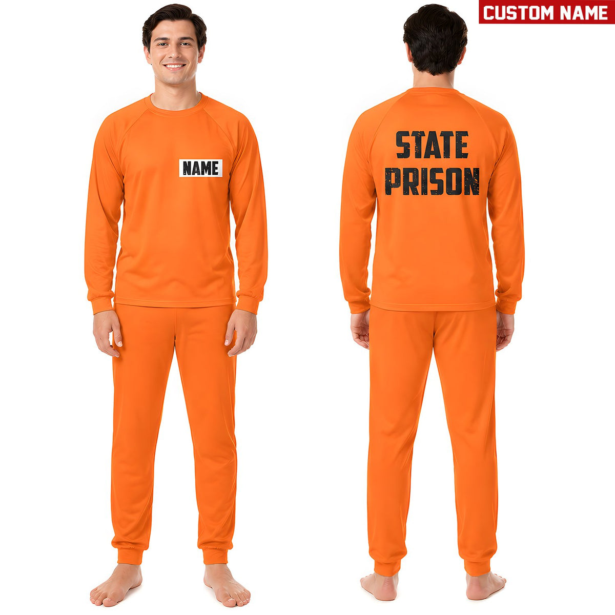 Lifestyle shot displaying the back of the prisoner pajamas with 'STATE PRISON' text