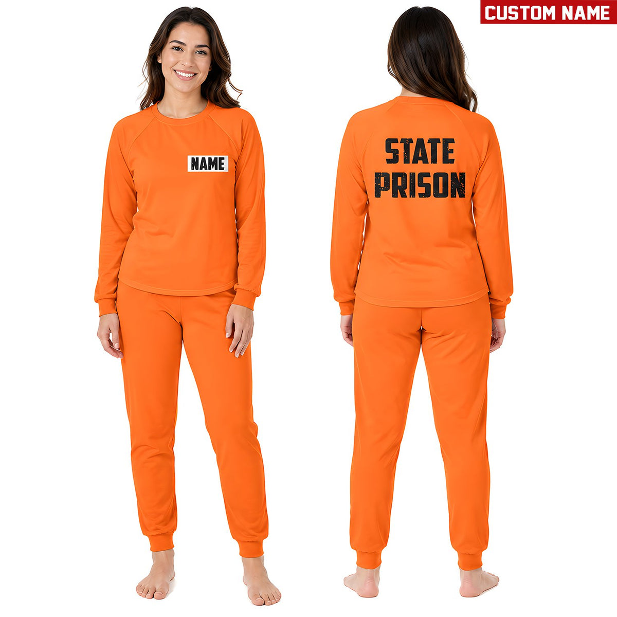 Close up lifestyle view of the custom nametag on the prisoner pajamas