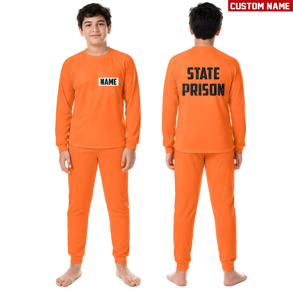 Family posing together in their matching orange prisoner pajama sets