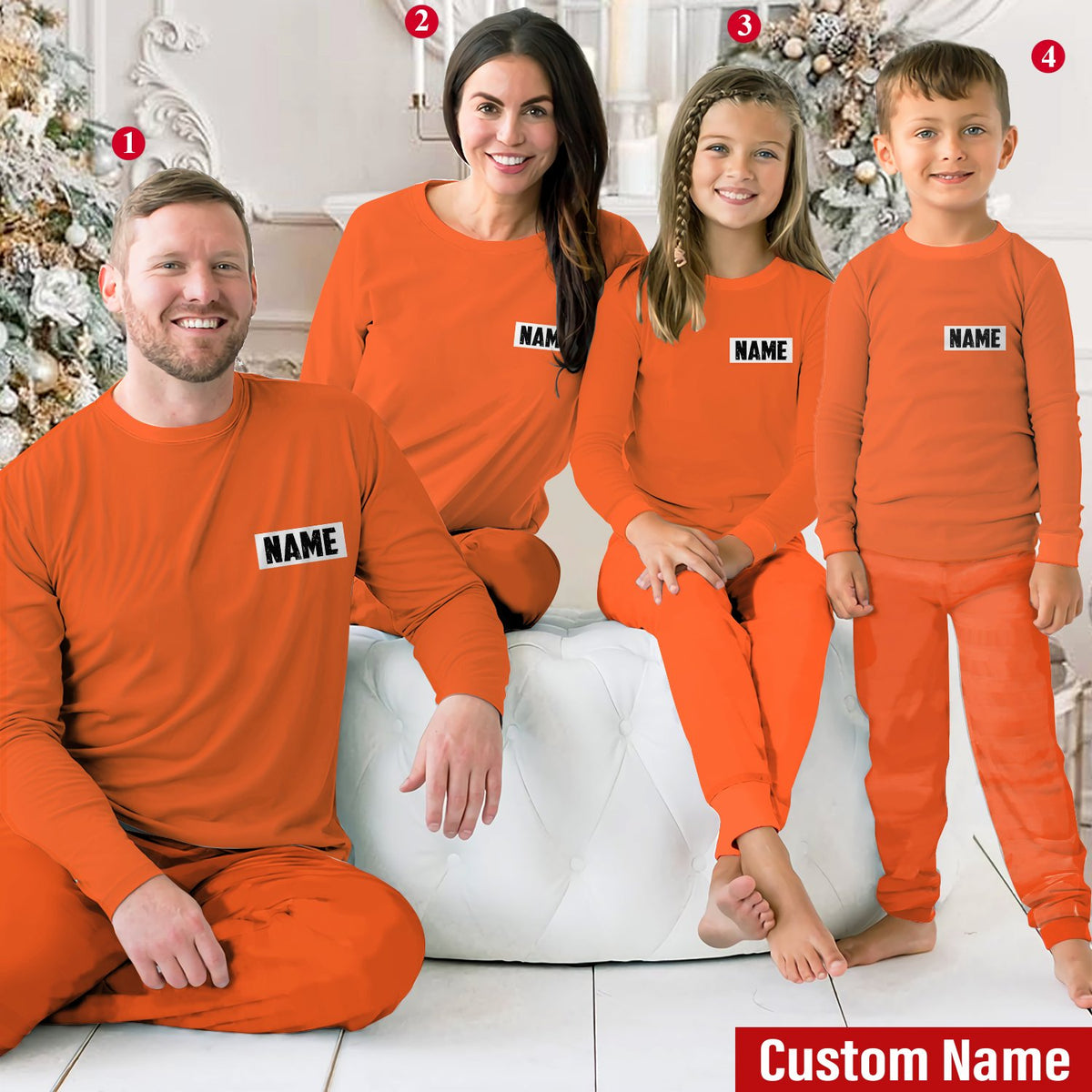 Lifestyle image showing a family wearing the orange prisoner pajama sets