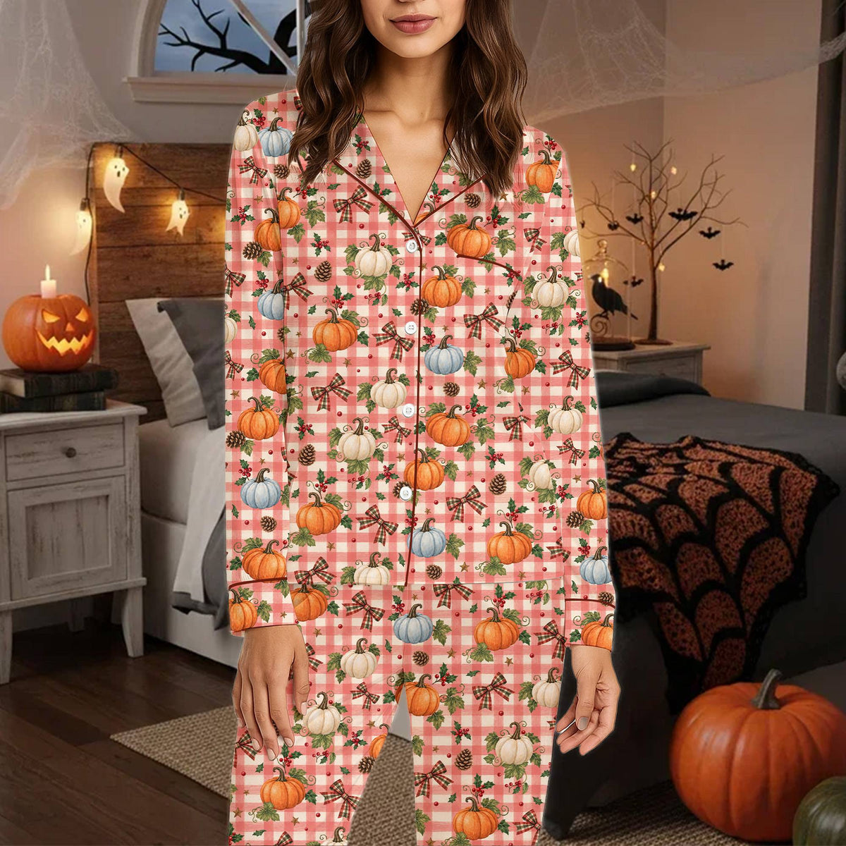 Side angle of the matching family pajama set showing the red and white plaid pattern
