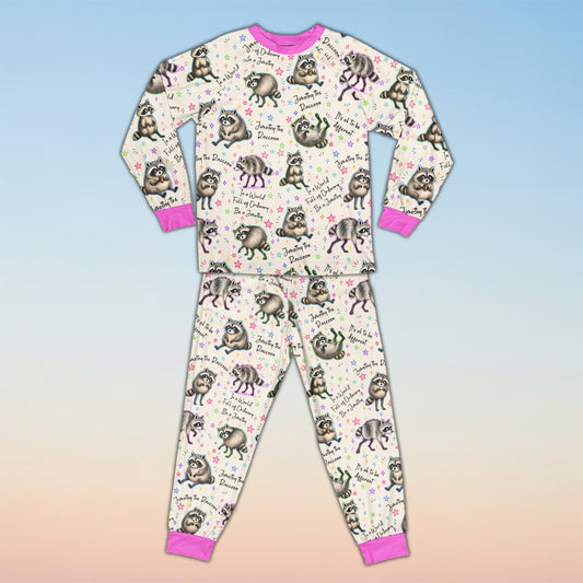 Family pajamas matching set featuring beige raccoon pattern, front view