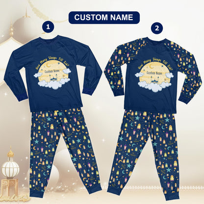 Front view of the custom Ramadan Eid pajama shirt showing mosque and full moon graphic