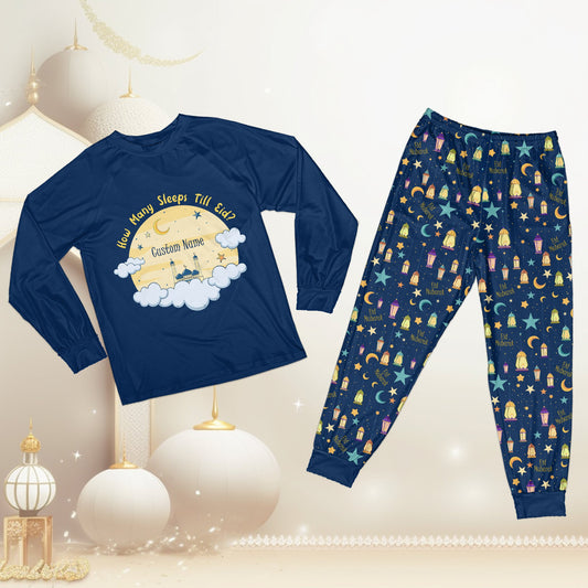 Matching family Ramadan Eid pajama set in navy blue with custom name and number