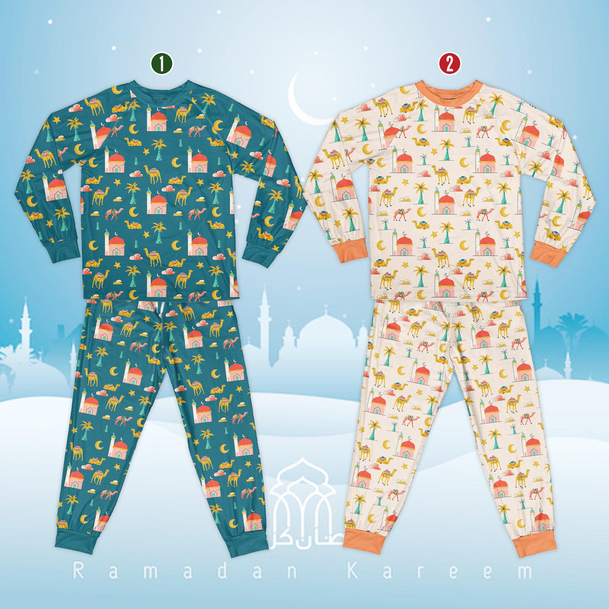 Front view of the holiday matching family pajamas with Islamic motifs.