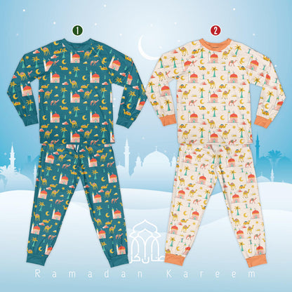 Front view of the holiday matching family pajamas with Islamic motifs.