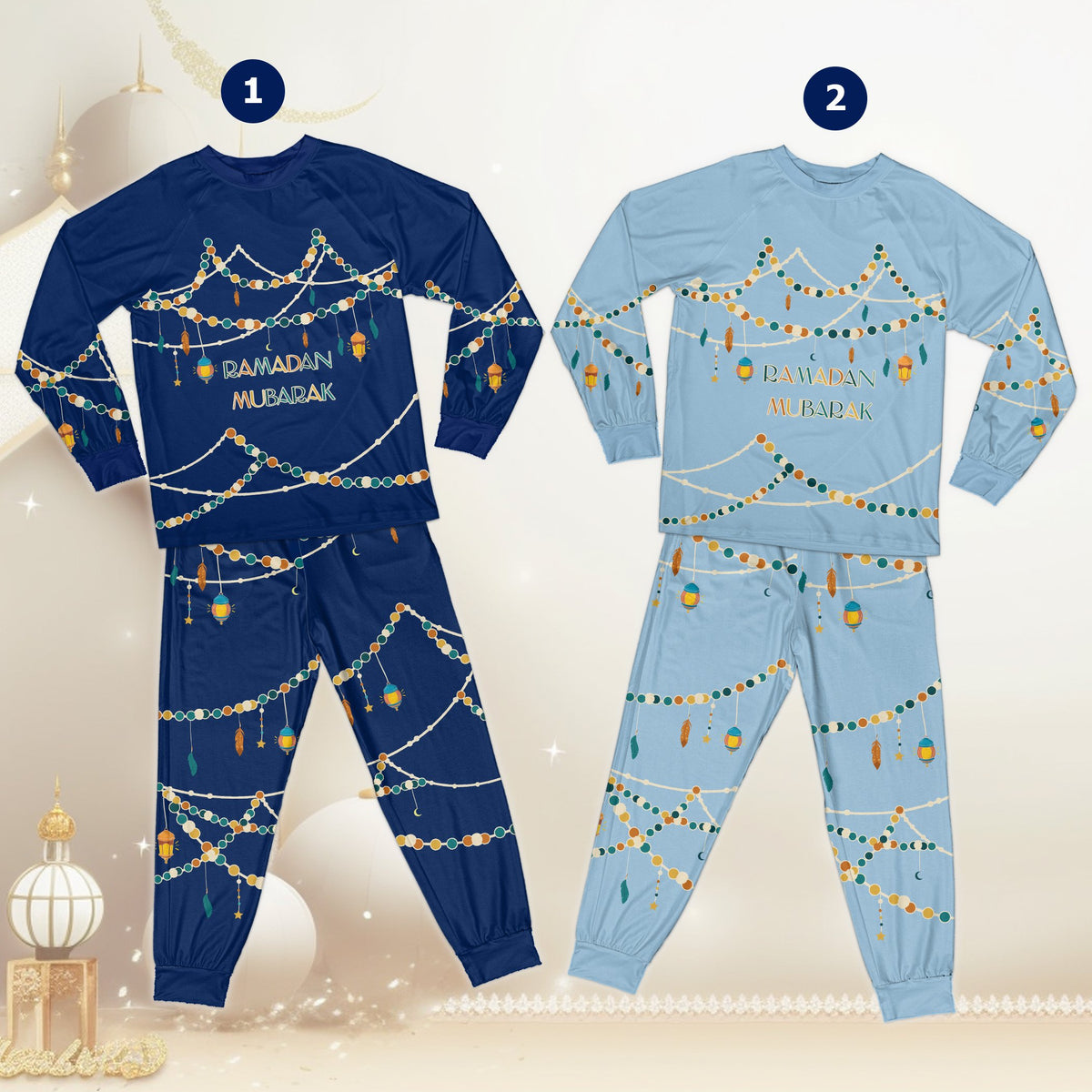 Front view of the ramadan pajama set top featuring lanterns and stars