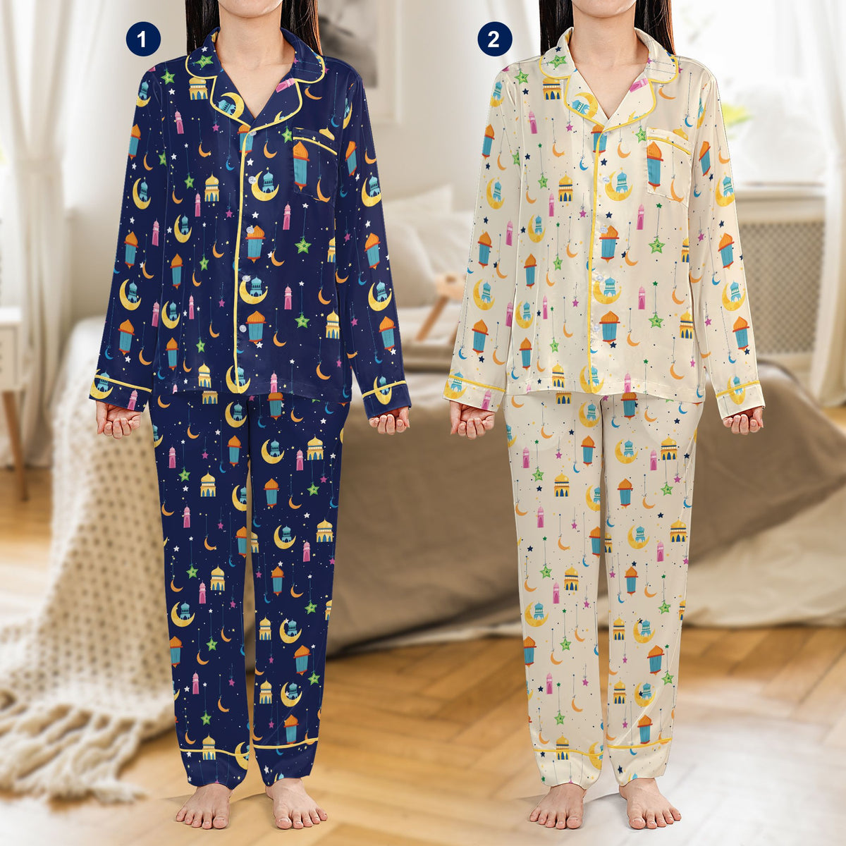 Close view of the hanging lanterns and stars design on the Ramadan pajama set