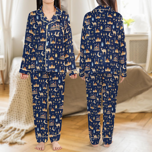 Matching family ramadan pajama set featuring mosques and crescent moons, navy, main view