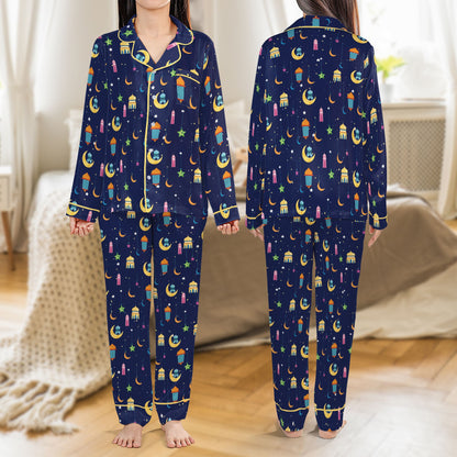Front view of the navy blue Ramadan pajama set showing the all-over print