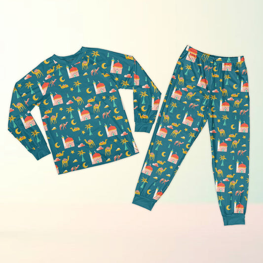 Matching family ramadan pajama set in dark teal with mosque and crescent moon motifs, main view.
