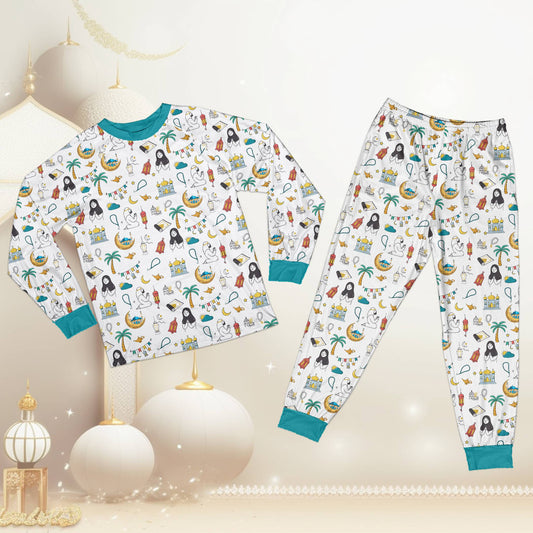 White matching family Ramadan pajama set showing all-over print of moons and lanterns
