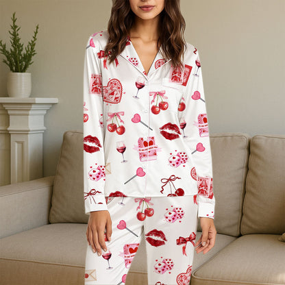 Close up lifestyle view of the romantic pajama set pattern