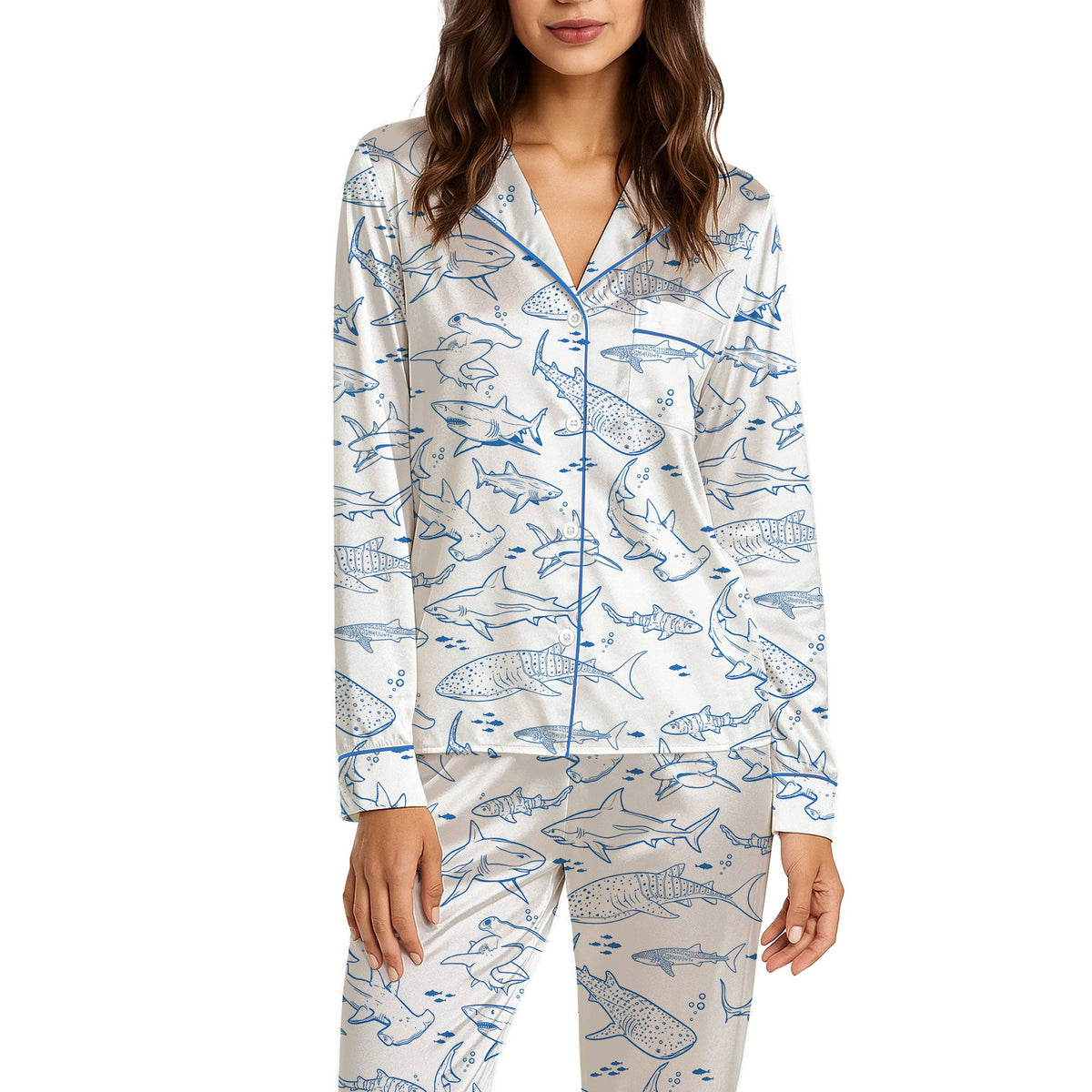 Front view of the matching family pajamas with shark pattern