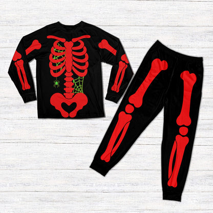 Detail view of the skeleton graphic and spider web on the pajama top