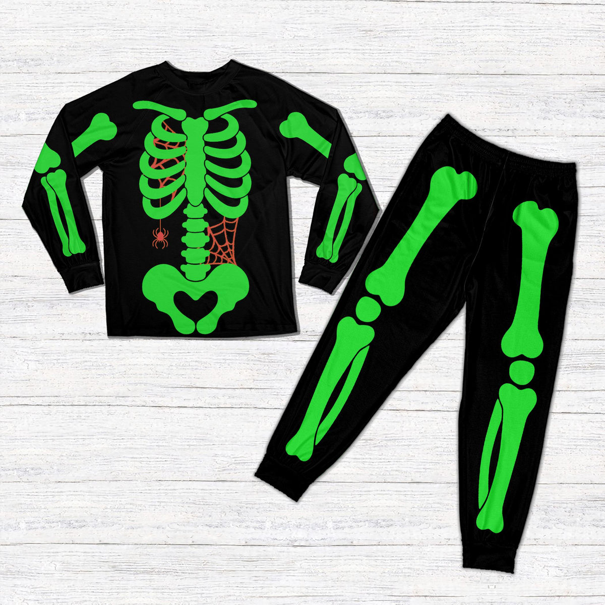 Full front view of the long-sleeve skeleton pajama set outfit