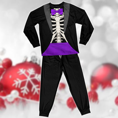 Front view of the matching family pajamas skeleton tuxedo in black