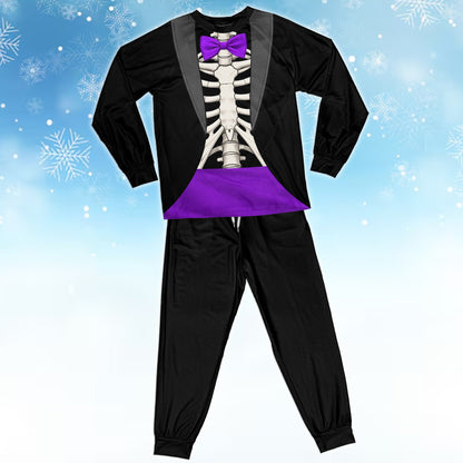 Another front view of the skeleton tuxedo pajama top and pants