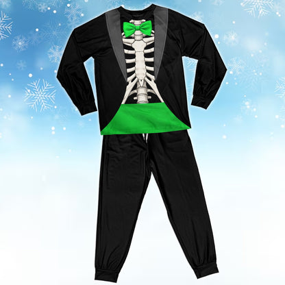 Front view of the black skeleton pajama set featuring a colored cummerbund