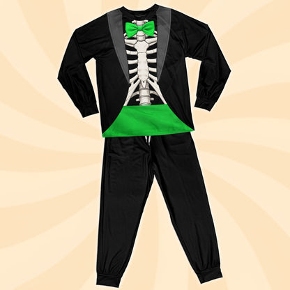 Skeleton tuxedo design matching pajamas family front view