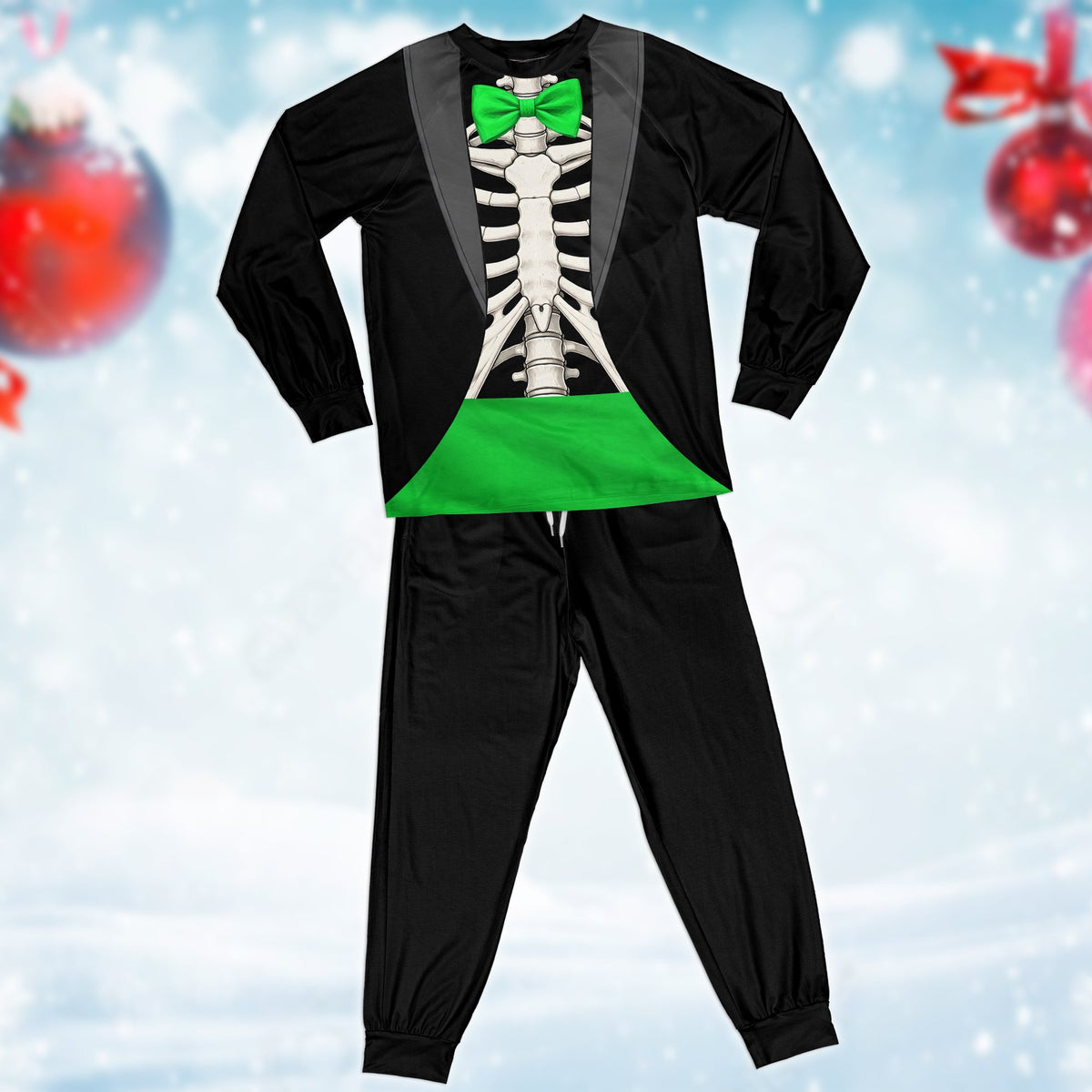 Detailed front view of the skeleton tuxedo pajamas