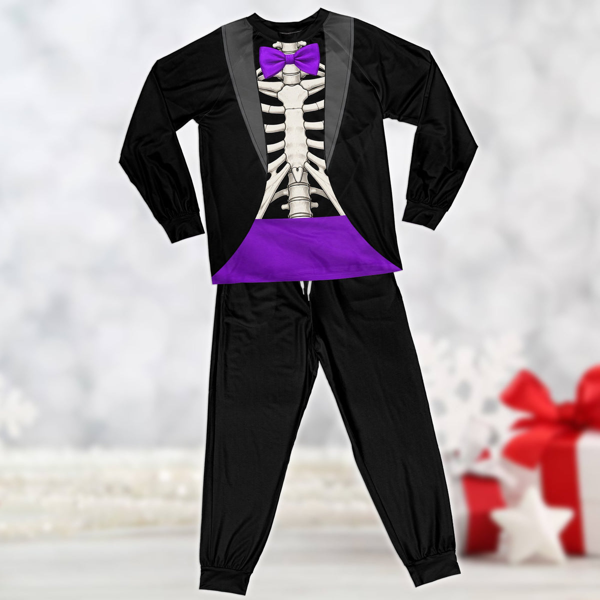 Front view of the black skeleton tuxedo pajama set