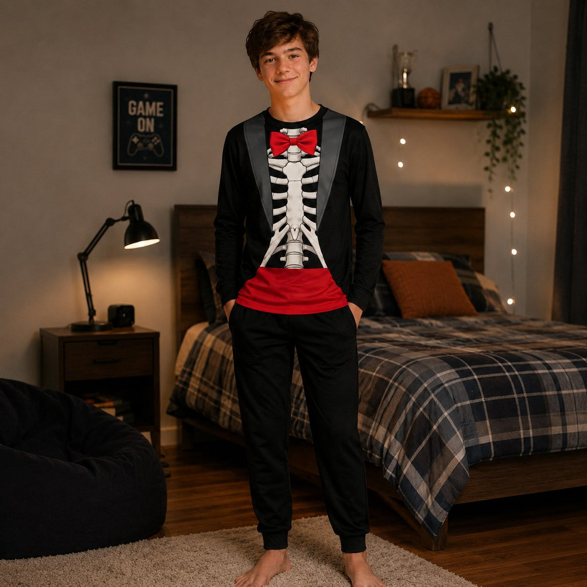 Family modeling the black skeleton tuxedo matching pajamas, lifestyle view