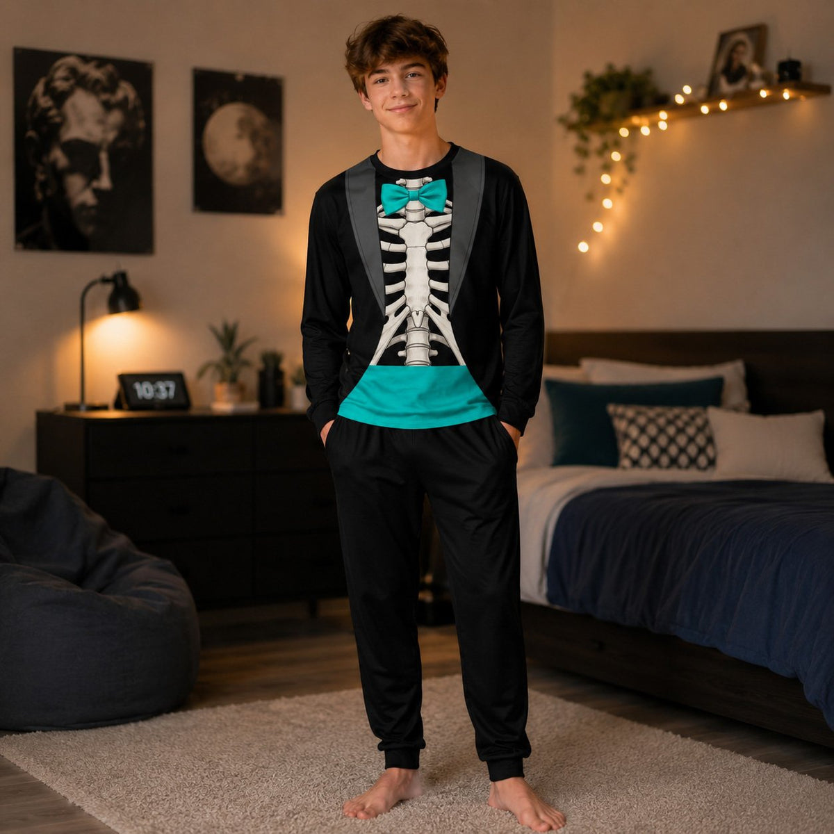 Lifestyle view of the matching pajamas for family wearing skeleton tuxedos