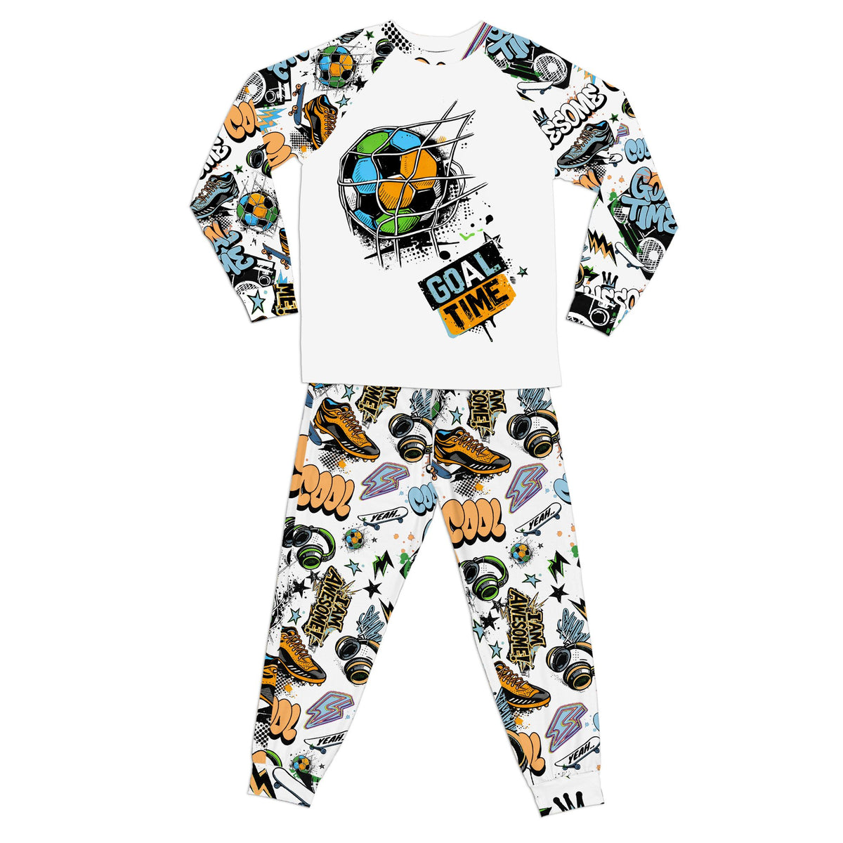 Detailed view of soccer comic pattern pajama set