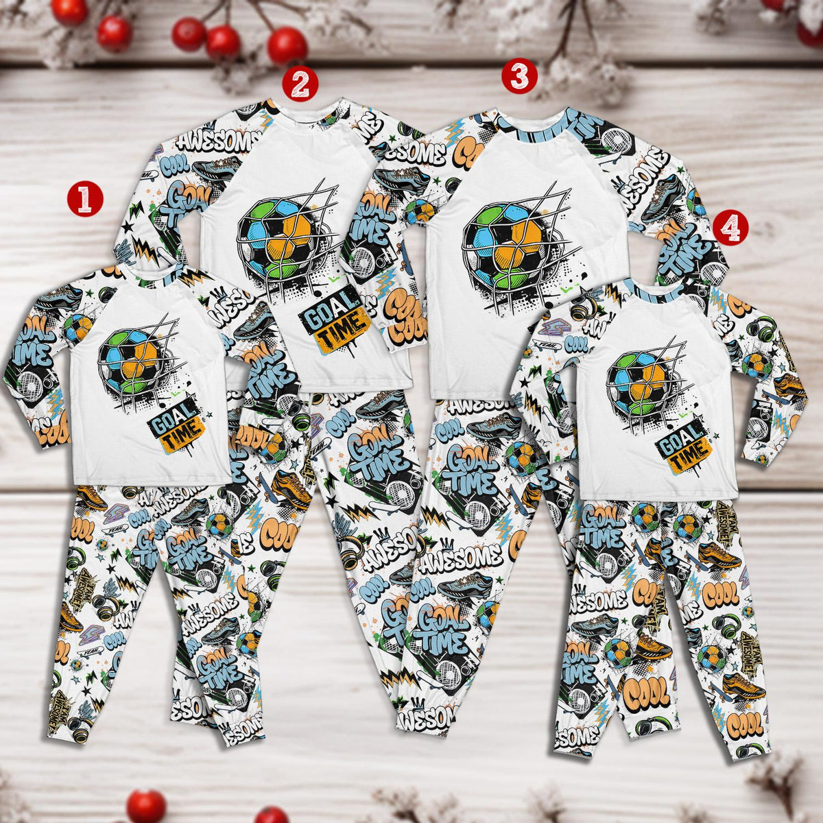 Soccer matching family pajamas group view