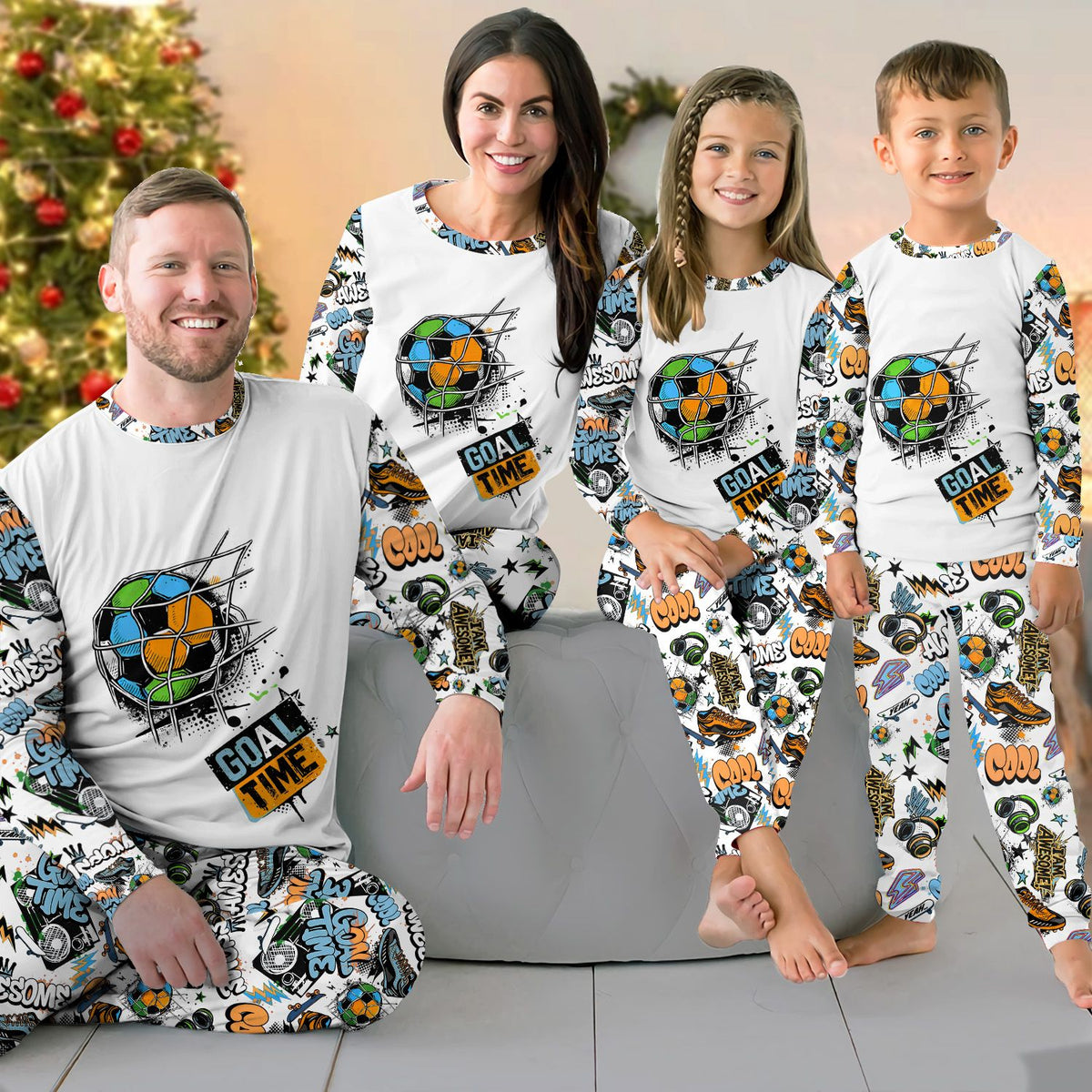 Family relaxing in matching soccer pajamas