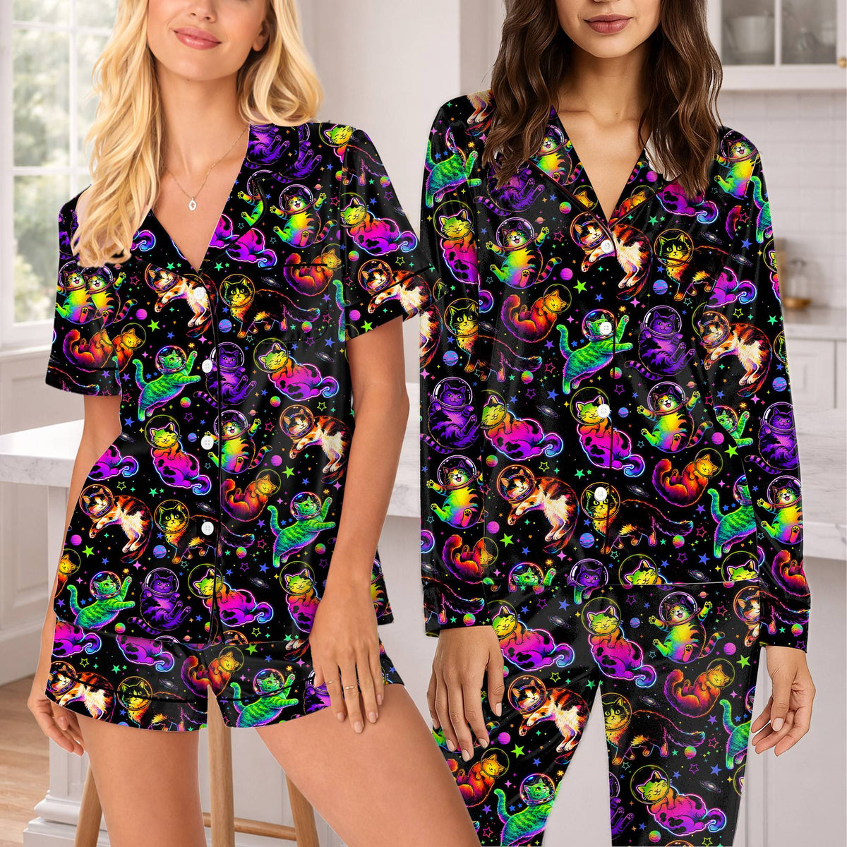 Alternative front view of the matching family pajamas in space cat design