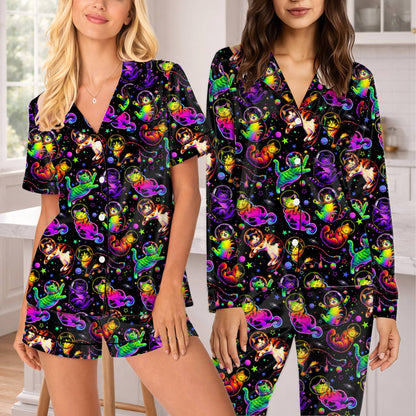 Alternative front view of the matching family pajamas in space cat design