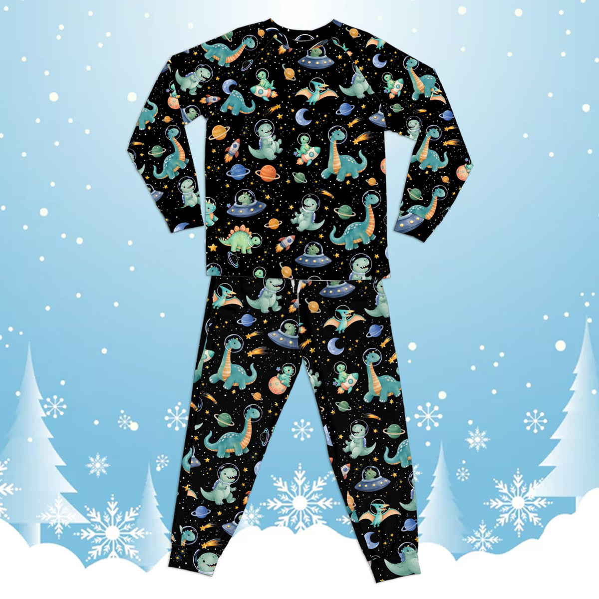 Close-up front view of the space dinosaurs pajama set in black