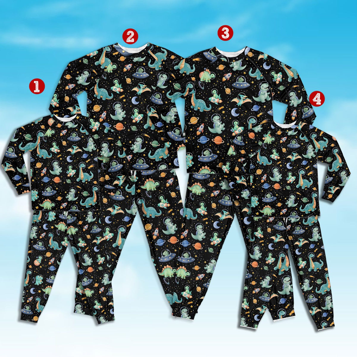 Front view of the black space dinosaurs pajama set