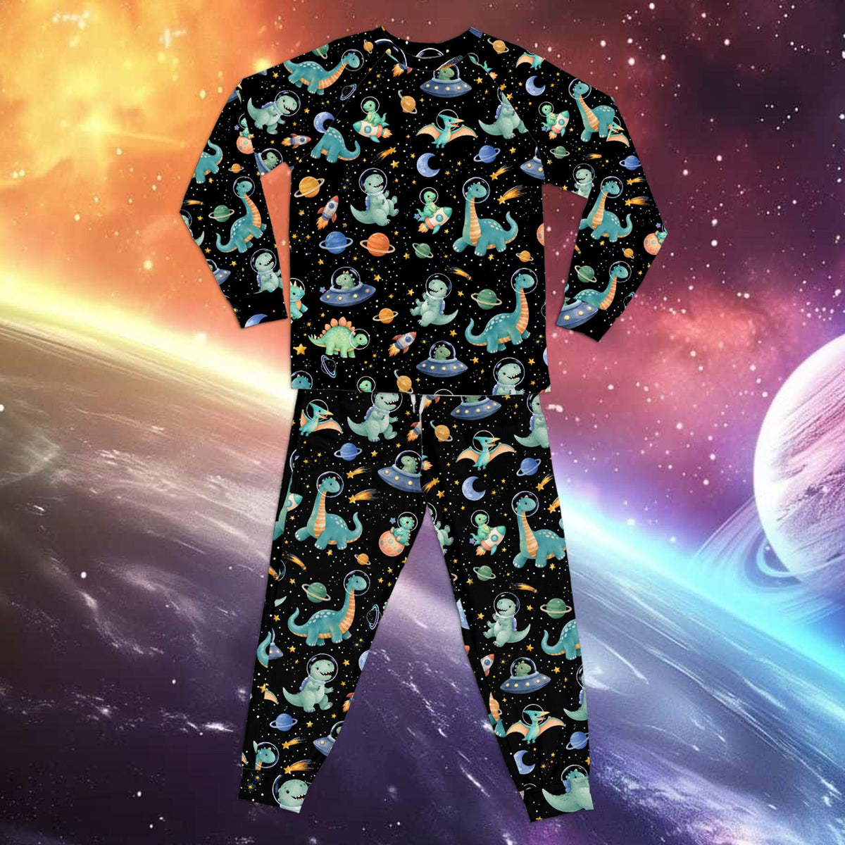 Main view of the space dinosaurs pajama set featuring astronaut dinos in black