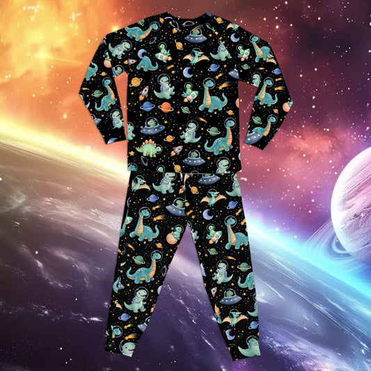 Main view of the space dinosaurs pajama set featuring astronaut dinos in black