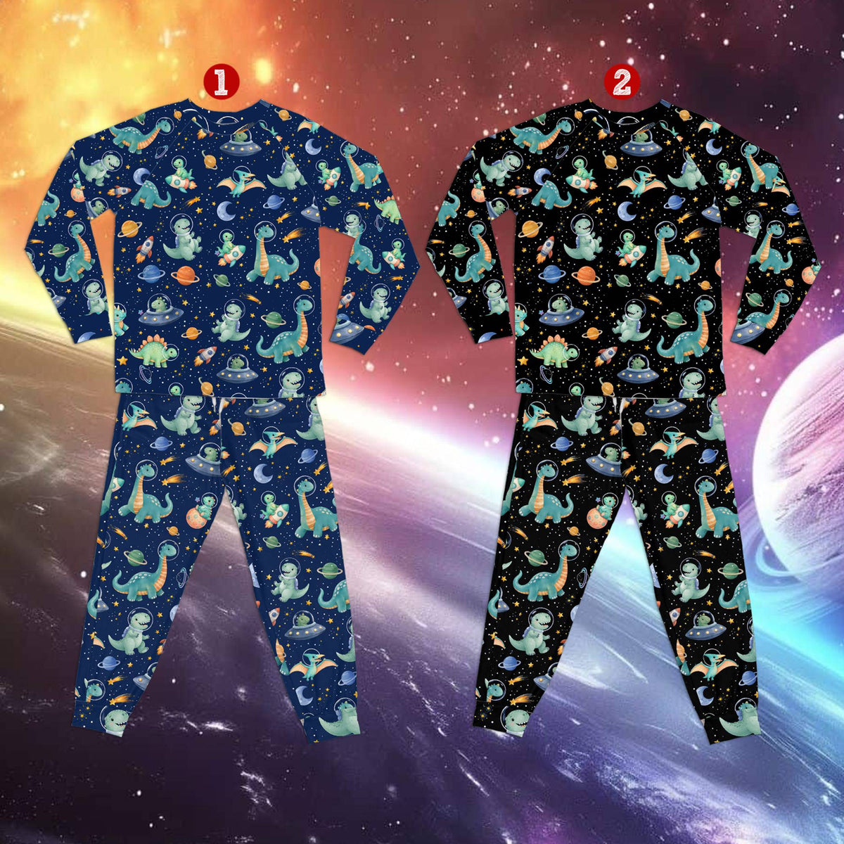 Front view of the multicolor space dinosaurs pajama set