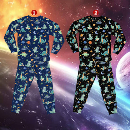 Front view of the multicolor space dinosaurs pajama set