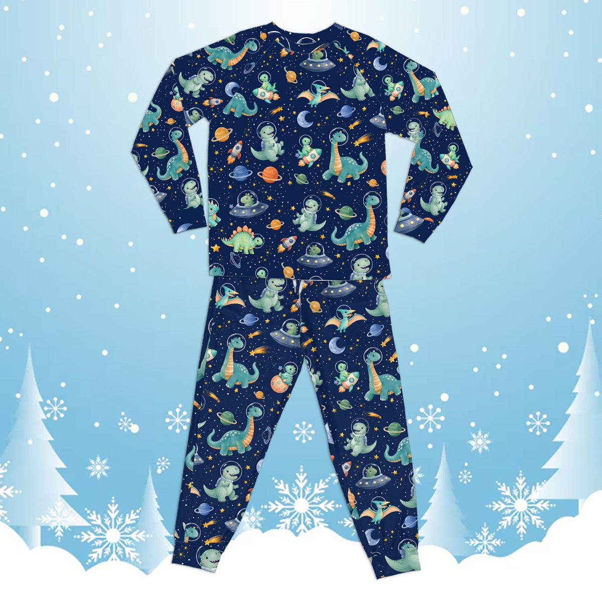 Front view of the space dinosaurs matching family pajamas in navy