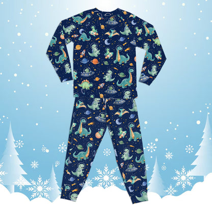 Front view of the space dinosaurs matching family pajamas in navy